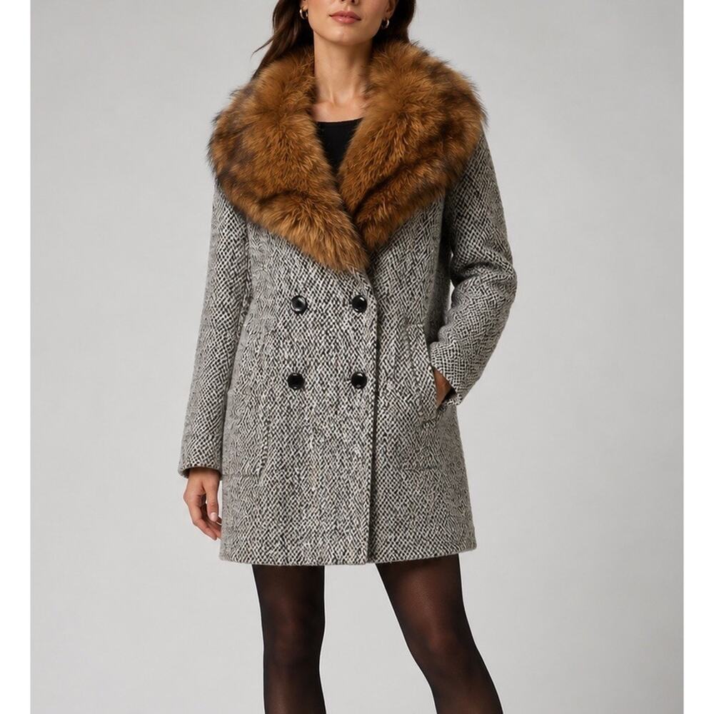 Vintage Wool Blend Fur Collar Coat Real Fur Tweed Jacket Small Medium